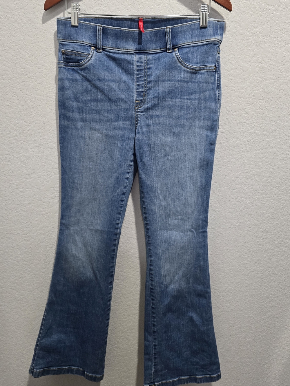 SPANX Flare Jeans Womens Large Blue Pull On Stretch Denim High Rise Stretch